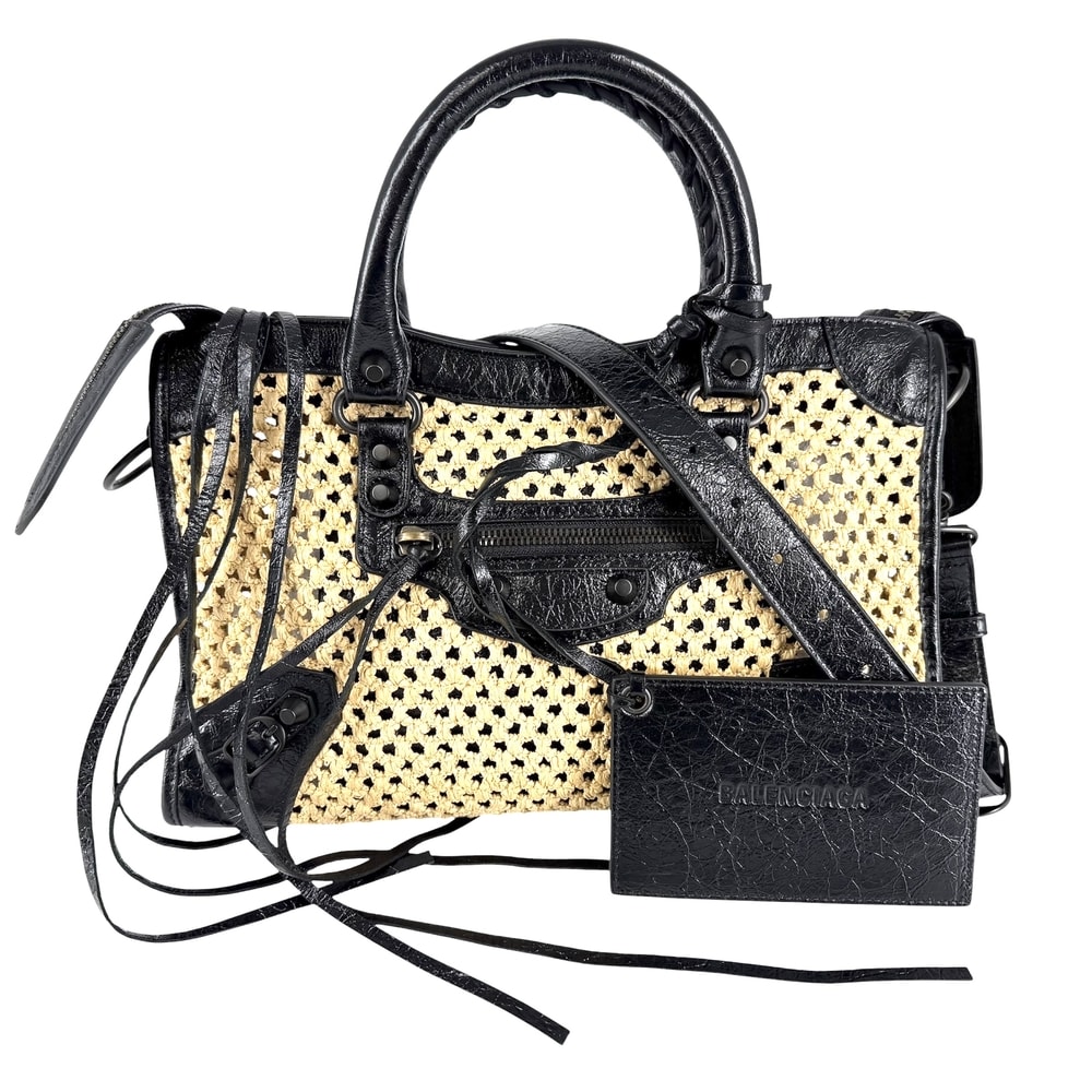 BALENCIAGA バレンシアガ 2WAY ル シティ スモール ハンドバッグ ショルダーバッグ 肩掛け 斜め掛け 865762 ラフィア  レザー   ベージュ ブラック 黒 ブラック×ゴールド金具 レディース【中古品】