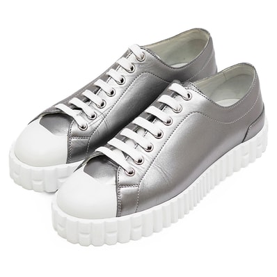 【美品】HERMES エルメス ローカットスニーカー 37 レディース Cross クロス メタリックレザー × ラバー ロゴエンボス チャンキーソール プラットフォーム 厚底 シューズ 靴 袋付属 シルバー ホワイト 銀 白 イタリア製 211100Z