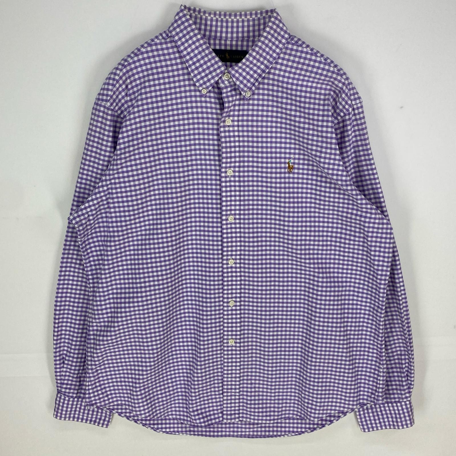 古着 ラルフローレン RALPH LAUREN 長袖シャツ ボタンダウン ワンポイント ギンガムチェック 刺繍ロゴ XL パープル系 チェック メンズ