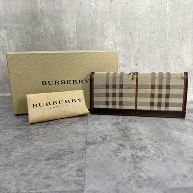 【BURBERRY】バーバリー 長財布 箱・保存袋付き ノバチェック シャドーホース キャンバス レザー ベージュ ダークブラウン フラップ レディース