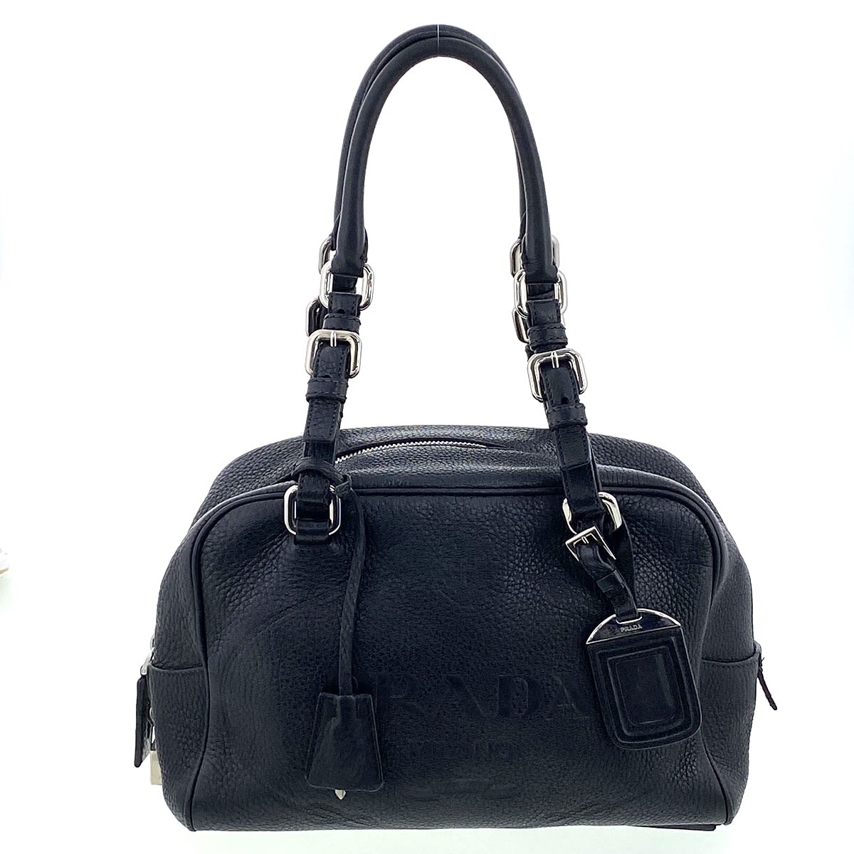 【値下げ】 PRADA プラダ 型押しレザー ロゴ ミニボストン トートバッグ BR3091 レザー ブラック レディース【中古】