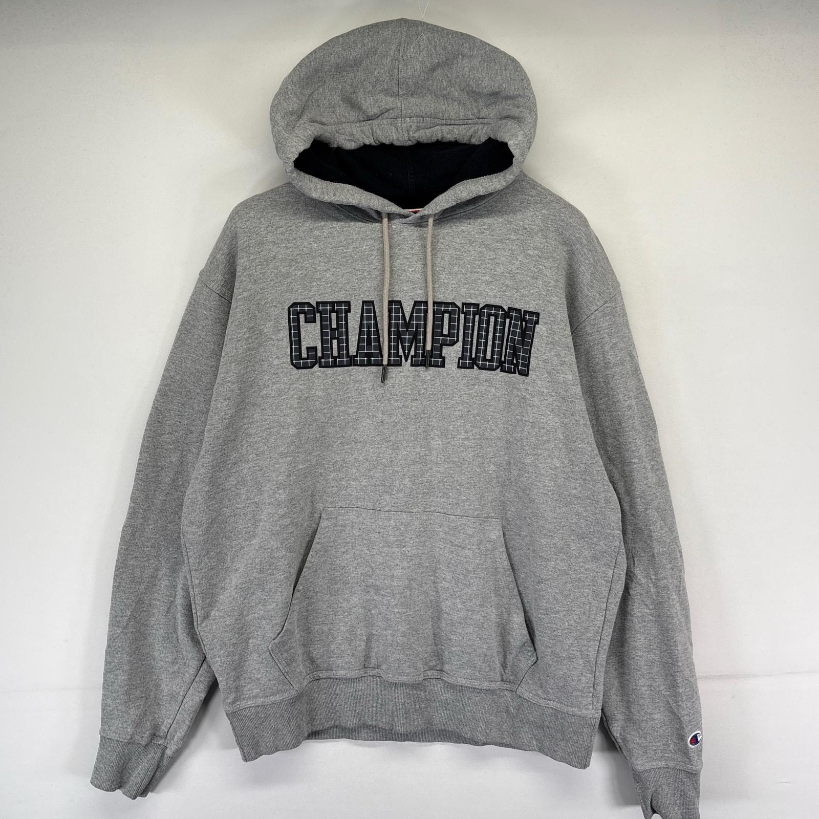 古着 チャンピオン Champion パーカー プルオーバー フーディ ビッグロゴ スウェット 袖ワンポイント L  グレー系 メンズ