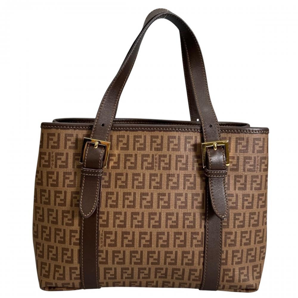 FENDI フェンディ ハンドバッグ ズッキーノ ダブルレザーハンドル 8BH237 PVCコーティングキャンバス    ブラウン 茶 ゴールド金具 レディース【中古品】