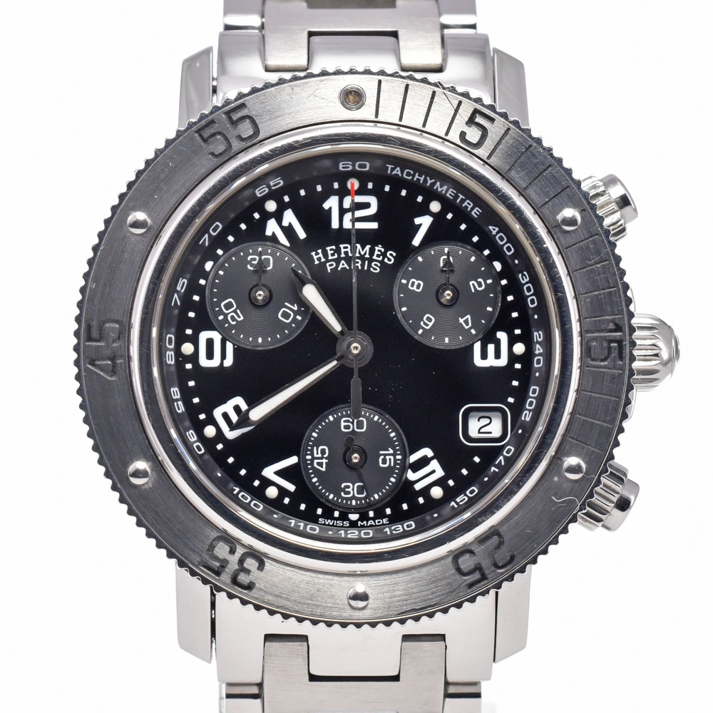エルメス HERMES CL2.310 クリッパー ダイバー クロノグラフ デイト ブラック クォーツ レディース 良品 内箱・保証書付き 腕時計 G#149967