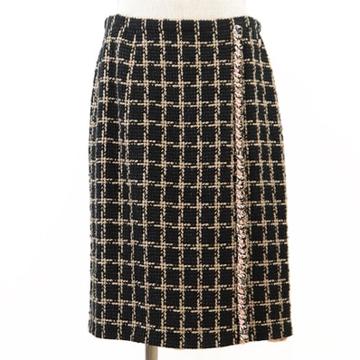 【美品】 シャネル P70539 チョコバー チェック チェーン ツイード スカート レディース ブラック キャメル 42 CHANEL
