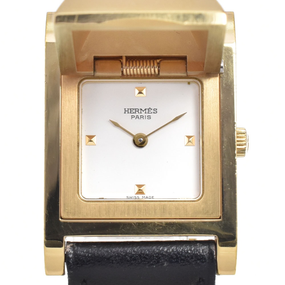 エルメス HERMES ME1.201 メドール GP/レザー ホワイト クォーツ レディース 良品 腕時計 D#149688