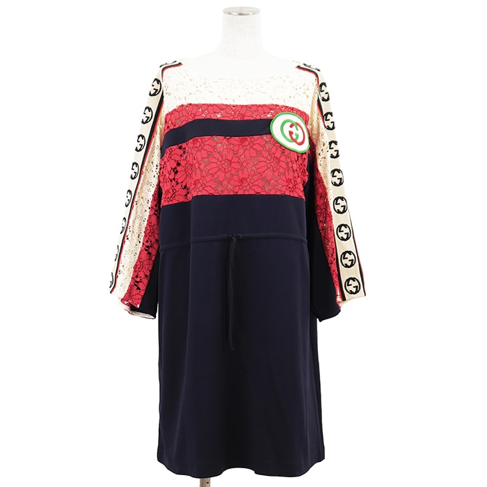【極美品】GUCCI グッチ ワンピース サイズ L レディース フローラルレース × ジャージー GG インターロッキング ロゴ ドレス ネイビー レッド アイボリー 紺 赤 イタリア製