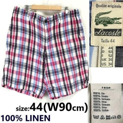 ラコステ/LACOSTE★100%リネン/麻/チェック柄/ハーフ/ショートパンツ【メンズ44/W90cm/白×ピンク×黒】ズボン/Pants/Trouser◆cBH903
