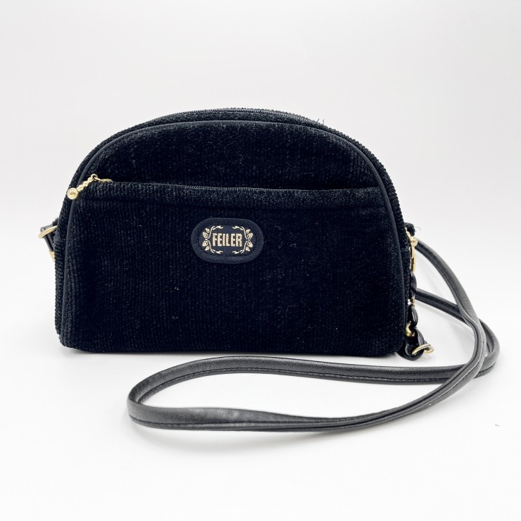 FEILER(フェイラー)ショルダーバッグ ポシェット ミニバッグ ブラック 起毛素材 刺繍 ビジュー調装飾 レディース【中古】