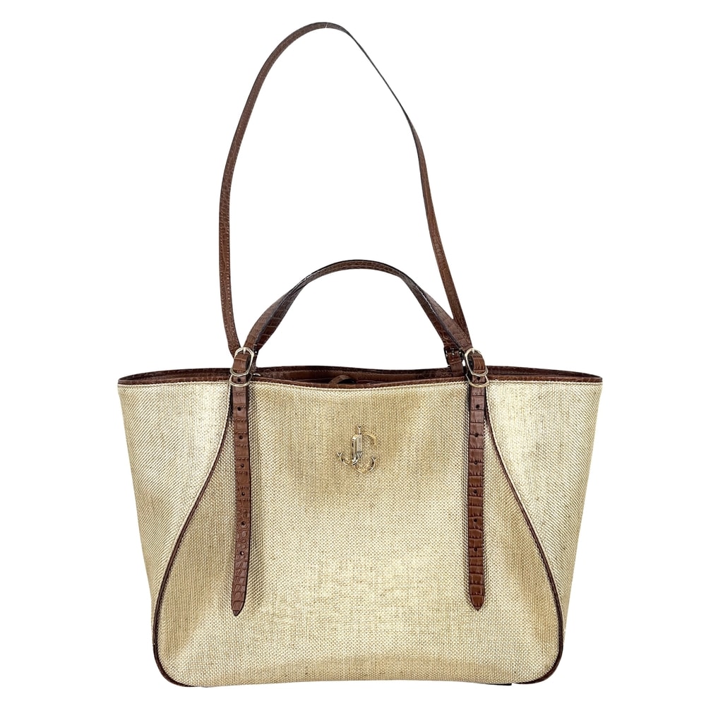 JIMMY CHOO ジミーチュウ 2WAY JCロゴ ショルダーバッグ トートバッグ 肩掛け 斜め掛け クロコ型押し キャンバス  レザー   ベージュ ブラウン 茶 ゴールド金具 レディース【中古品】