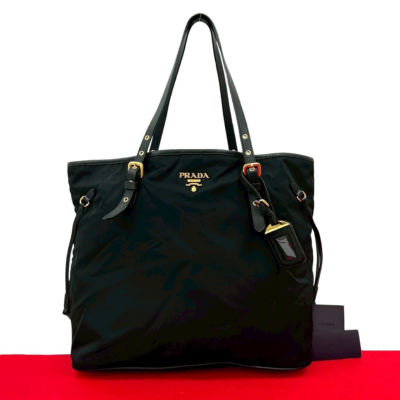 PRADA プラダ ロゴ 金具 ナイロン レザー トートバッグ ブラック
 5255a