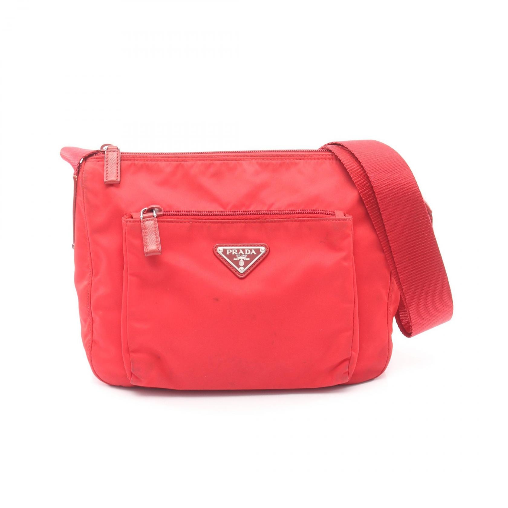 プラダ PRADA 三角プレート ショルダーバッグ バッグ ナイロン サフィアーノレザー レディース レッド系 【中古】