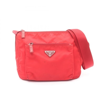 プラダ PRADA 三角プレート ショルダーバッグ バッグ ナイロン サフィアーノレザー レディース レッド系 【中古】
