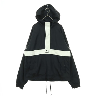 PUMA プーマ バイカラー ワンポイントロゴ 長袖 プルオーバー パーカー M ブラック
