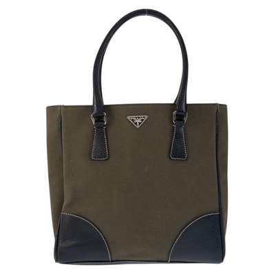 美品 PRADA プラダ 三角ロゴプレート カーキ ブラック シルバー金具 キャンバス レザー/ トートバッグ ハンドバッグ 601223 【中古】