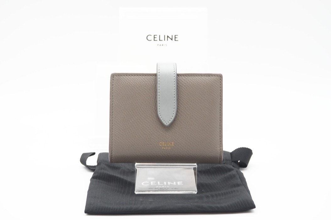 CELINE セリーヌ レザー スモール ストラップウォレット バイカラー ぺブル ミネラル 10H263BRU.10PI 二つ折り財布 バイカラー ベージュ ブルー グレインカーフレザー レディース