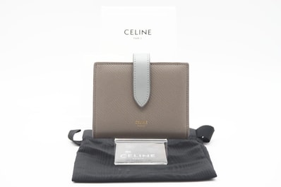 CELINE セリーヌ レザー スモール ストラップウォレット バイカラー ぺブル ミネラル 10H263BRU.10PI 二つ折り財布 バイカラー ベージュ ブルー グレインカーフレザー レディース