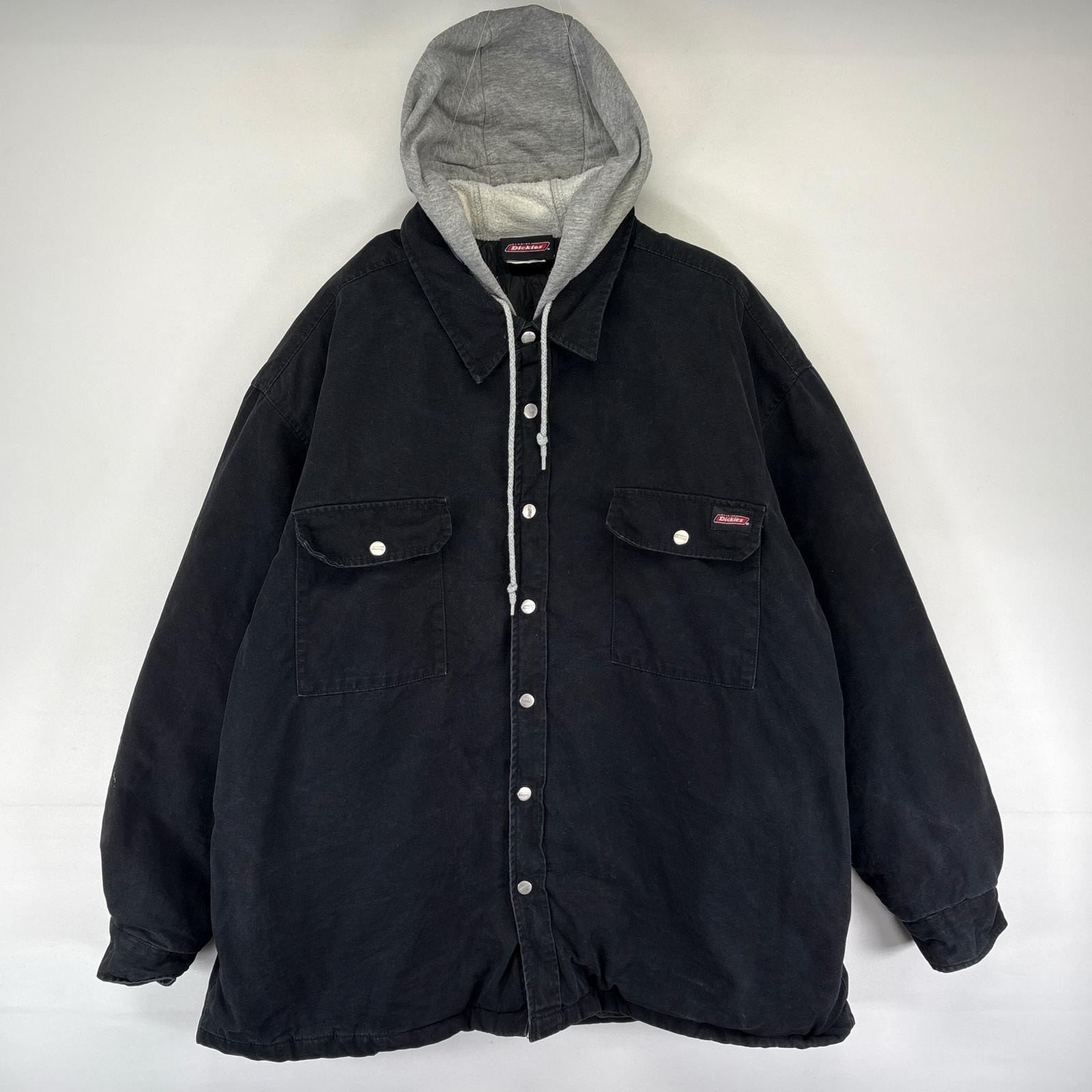 古着 ディッキーズ Dickies パーカー フルジップ 胸ポケット ワーク スナップボタン フード付き ワンポイントロゴ  ブラック系 メンズ