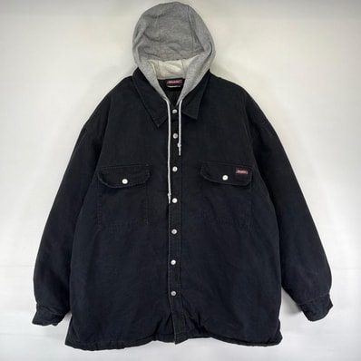 古着 ディッキーズ Dickies パーカー フルジップ 胸ポケット ワーク スナップボタン フード付き ワンポイントロゴ ブラック系 メンズ