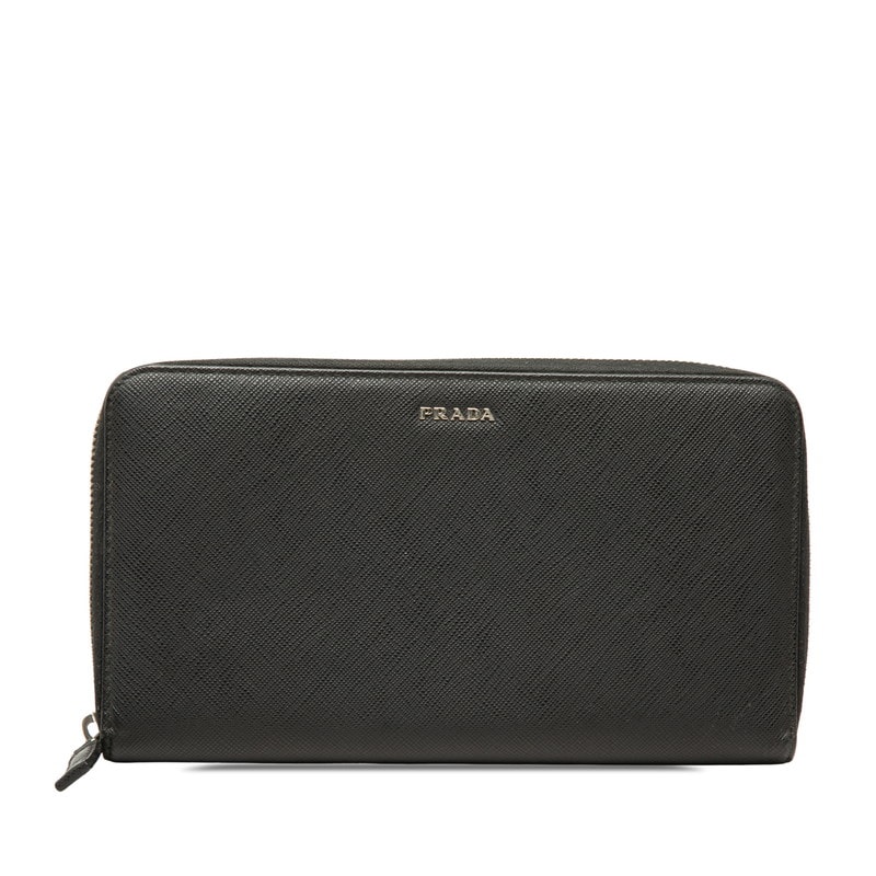 プラダ ロゴ 長財布 ラウンドファスナー ブラック レザー レディース PRADA 中古