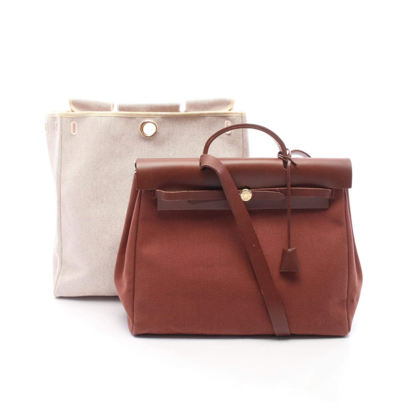 エルメス HERMES エールバッグMM ハンドバッグ バッグ キャンバス レザー トワルアッシュ / ヴァッシュハンター トワルアッシュ エクリュ □E刻印(2001年製造) レディース ブラウン系 【中古】