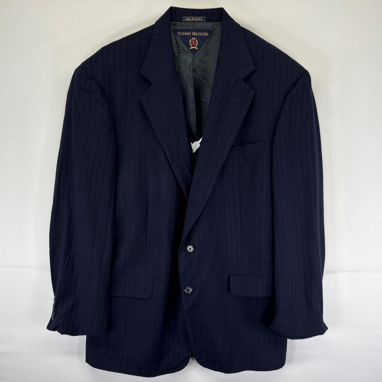 古着 トミーヒルフィガー TOMMY HILFIGER USA製 テーラードジャケット ブレザー スーツ ウール ストライプ 42L 濃紺 メンズ