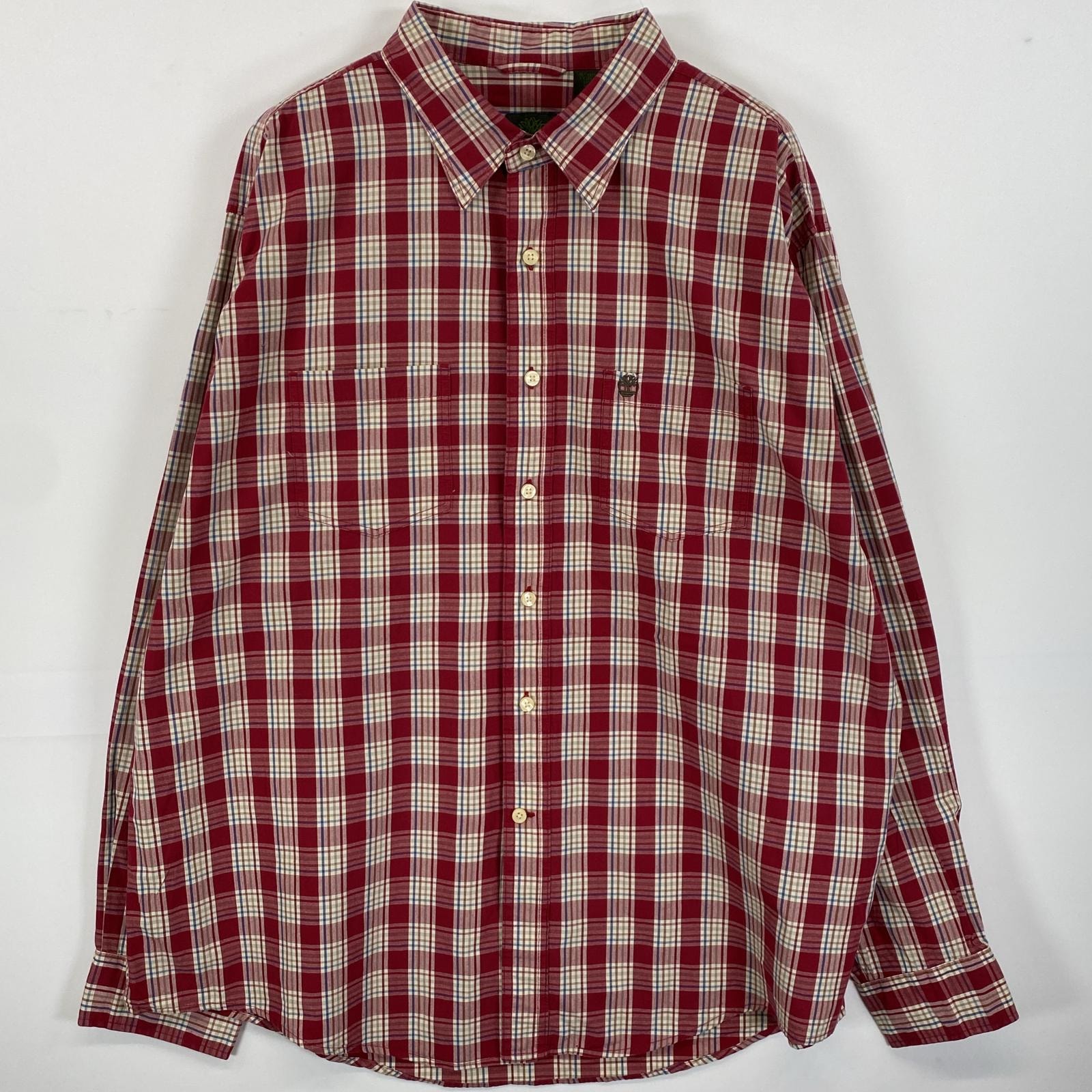 古着 ティンバーランド Timberland 長袖シャツ 胸ポケット ワンポイントロゴ刺繍 XL  レッド系 チェック メンズ