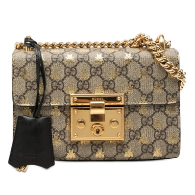 グッチ GGスプリーム パドロック スモール チェーン ショルダーバッグ 409487 ベージュ ブラック PVC レザー レディース GUCCI 【中古】