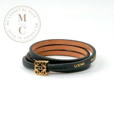 ロエベ LOEWE ブレスレット バングル カフ ブラック ゴールド アナグラム ロゴ ツイストバングル カーフレザー