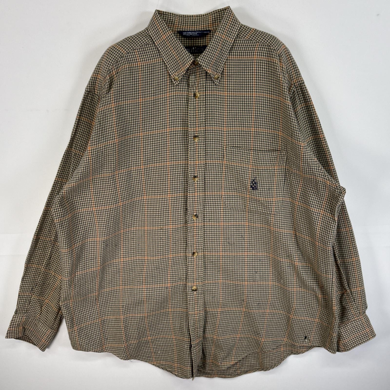 古着 90's/90年代 ノーティカ NAUTICA 長袖シャツ 千鳥柄 ロゴ 刺繍 大きいサイズ XL イエロー系 チェック メンズ