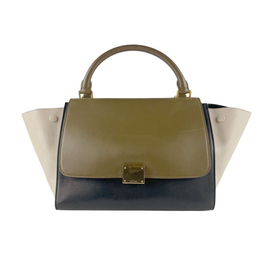 セリーヌ CELINE ハンドバッグ ショルダーバッグ トラペーズ レザー カーキ×ブラック×ライトベージュ レディース【中古】 z8485