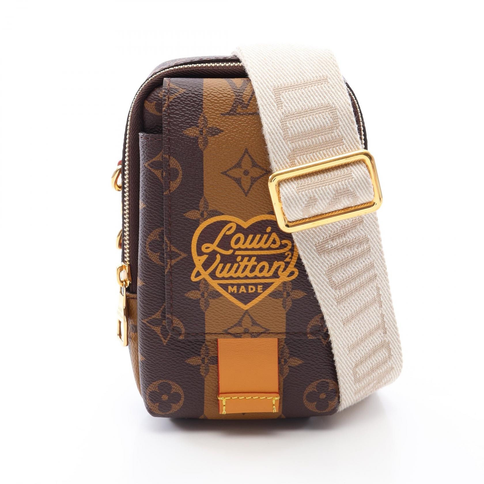 ルイ・ヴィトン LOUIS VUITTON LOUIS VUITTON × NIGO ダブル フォンポーチ モノグラムストライプ ショルダーバッグ バッグ PVCコーティングキャンバス レザー メンズ ブラウン系 M81005 【中古】
