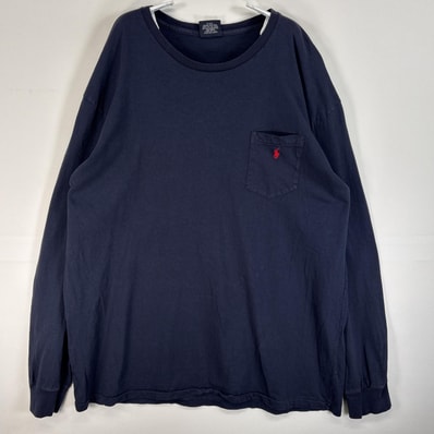 古着 90's/90年代 ポロバイラルフローレン Polo by Ralph Lauren 長袖Tシャツ ロゴ 刺繍 大きいサイズ XL ネイビー 無地 メンズ