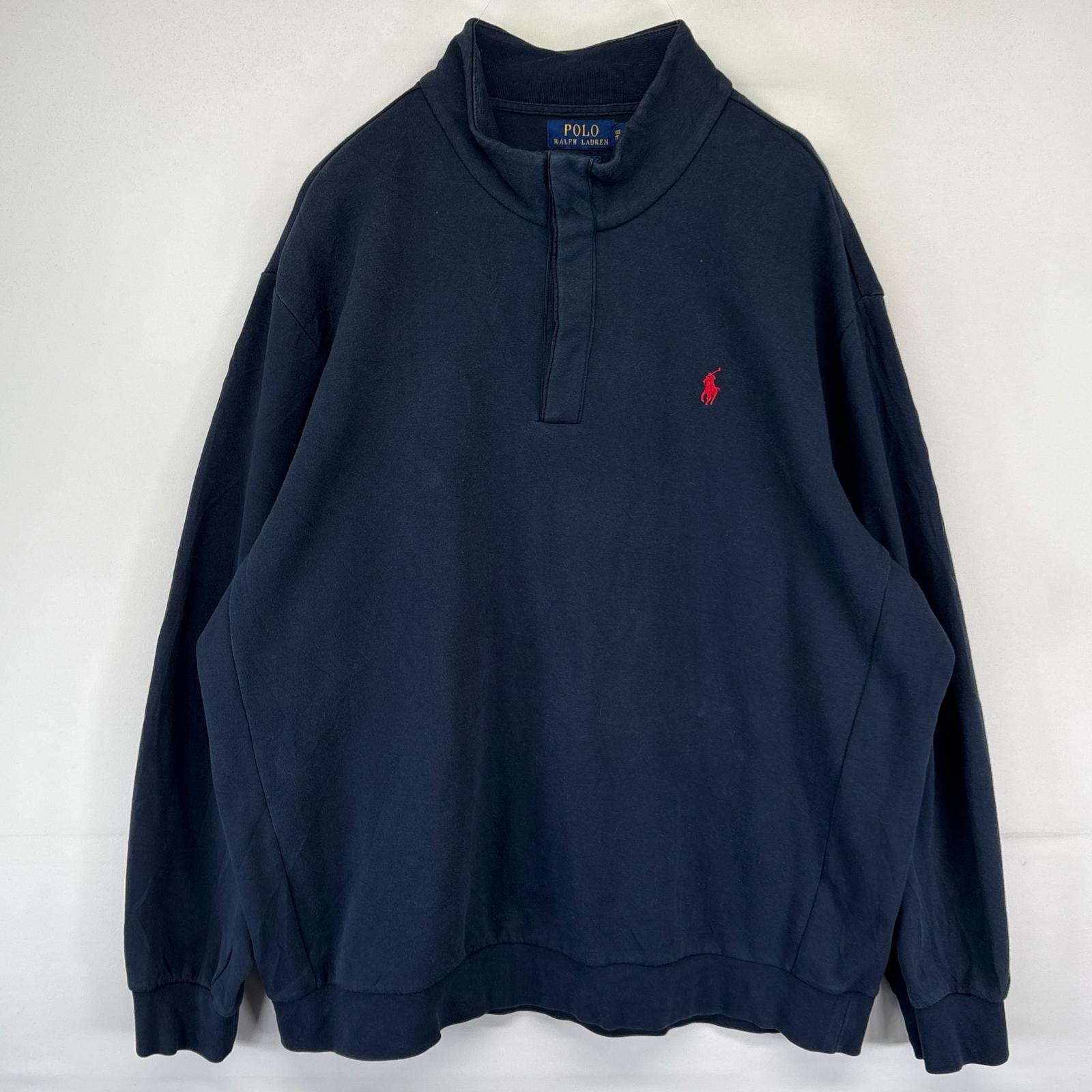 古着 ポロ・ラルフローレン POLO RALPH LAUREN スウェット ハーフスナップ ワンポイントロゴ 大きいサイズ 2XL ネイビー系 メンズ