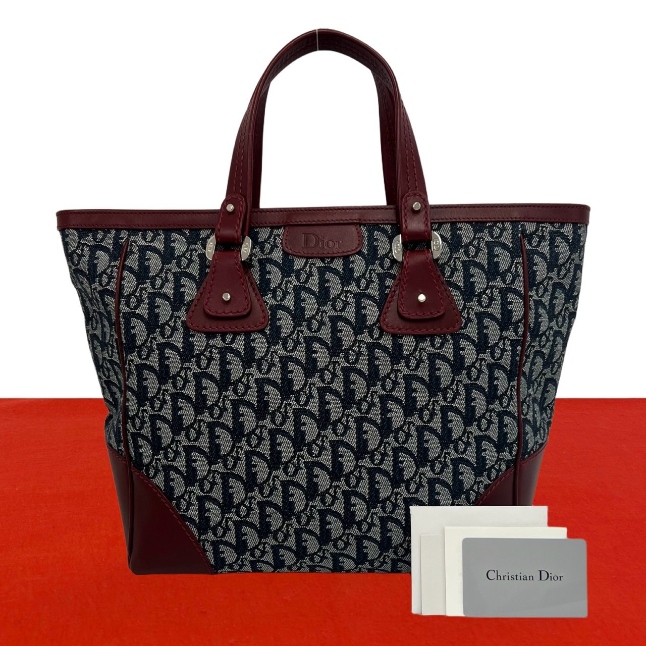 Christian Dior ディオール ロゴ トロッター 柄 キャンバス レザー ハンドバッグ ワインレッド
27347