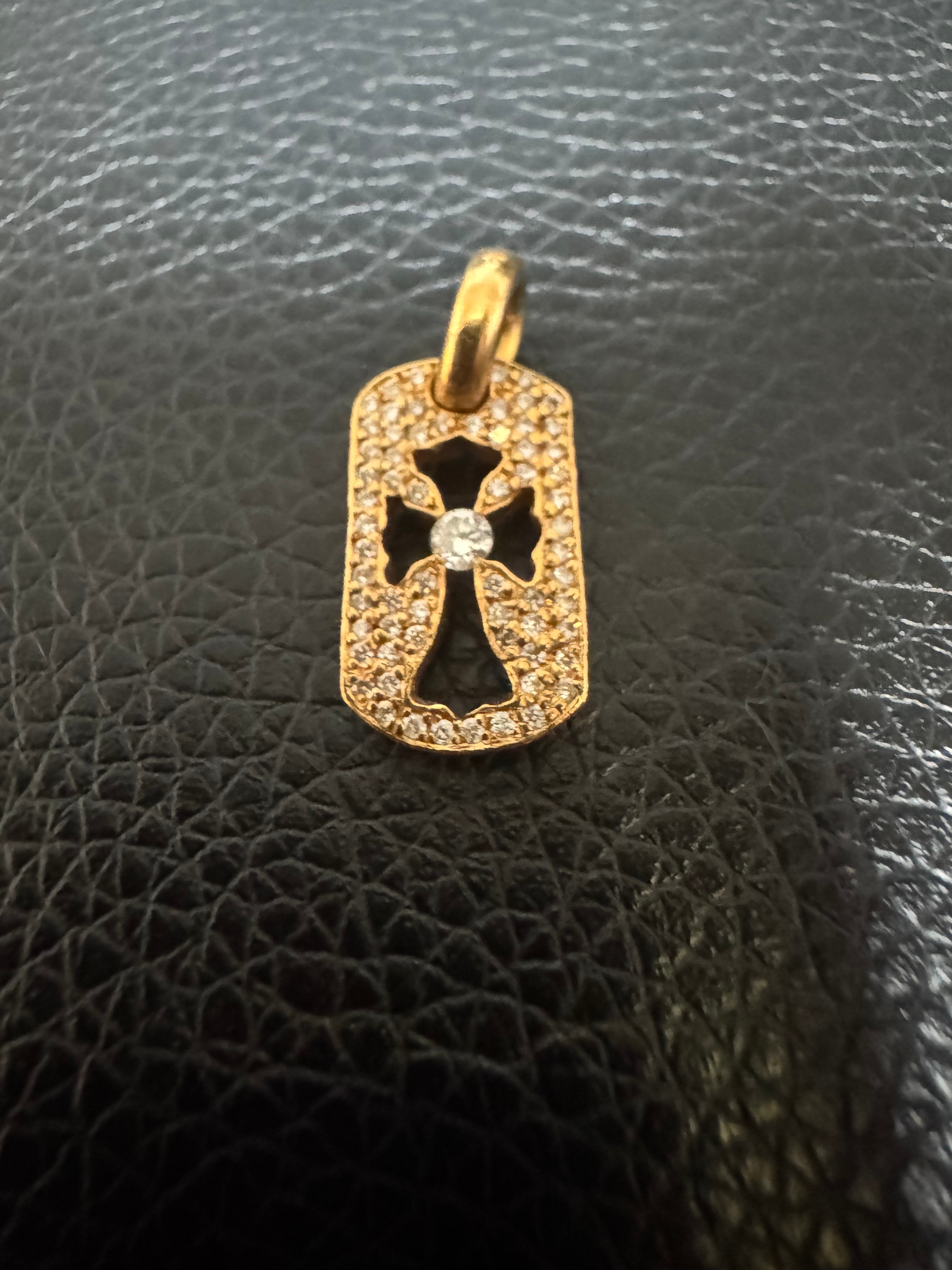 Chrome Hearts 22K Tiny Cutout Cross Dog Tag With Pave Diamond Charm "Yellow Gold"