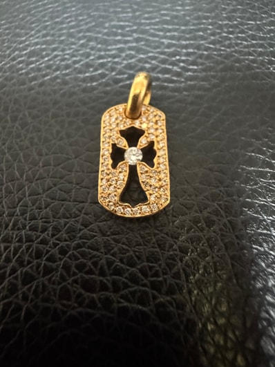 Chrome Hearts 22K Tiny Cutout Cross Dog Tag With Pave Diamond Charm "Yellow Gold"