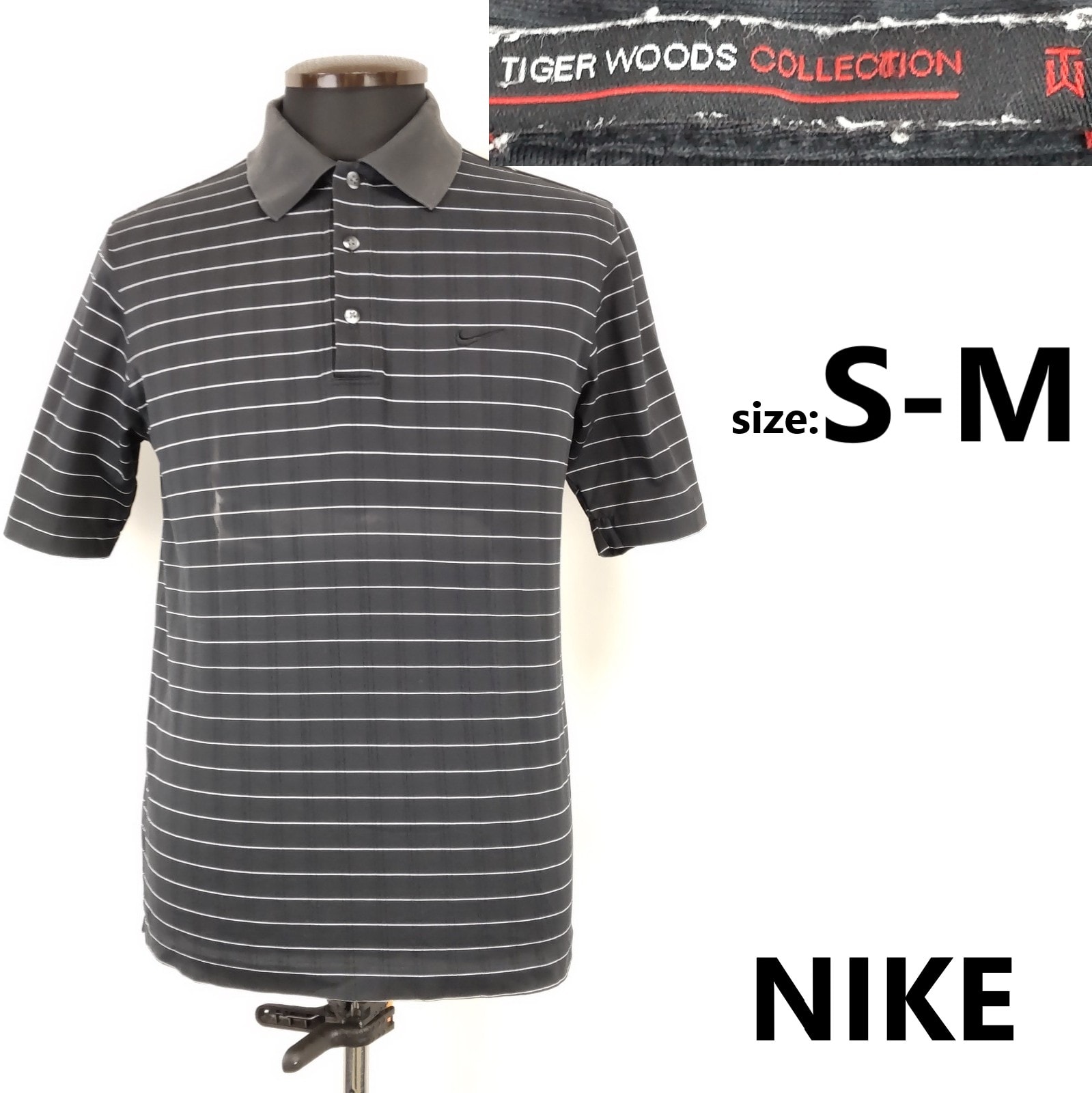 希少品★NIKE★TIGER WOODS COLLECTION/ポロシャツ/ゴルフウェア【メンズS-M程度/ブラック×ホワイト/ボーダー柄】訳あり品/Tops/Shirt◆BJ082-i