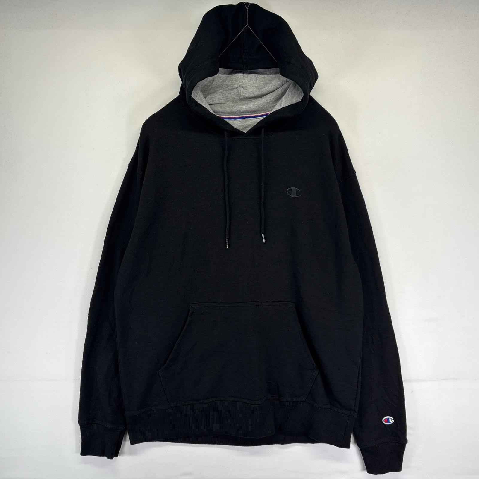 古着 チャンピオン Champion パーカー プルオーバー スウェット ワンポイント刺繍ロゴ 袖ワンポイントロゴ L ブラック系 メンズ