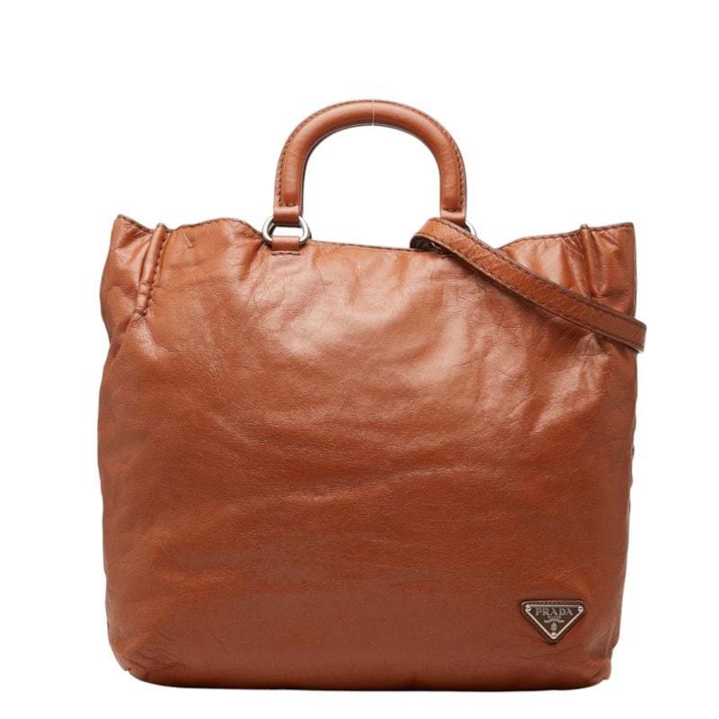 プラダ 三角ロゴプレート トートバッグ ショルダーバッグ 2WAY ブラウン レザー レディース PRADA 中古