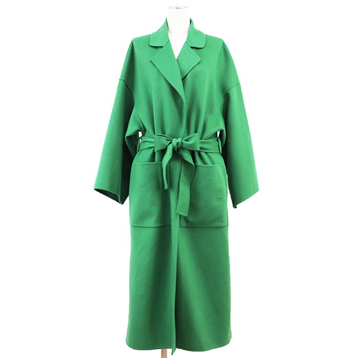 【極美品】LOEWE ロエベ ガウンコート ウール x カシミヤ ライトメルトン アナグラム ロゴ レザーポケット オーバーサイズ ロング アウター ベルト付属 レディース サイズ XS グリーン 緑 イタリア製