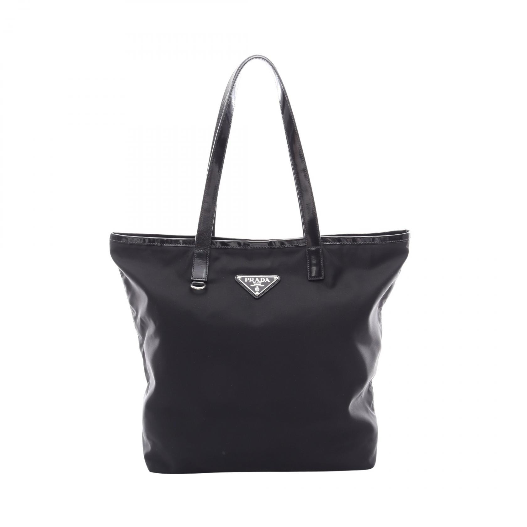プラダ PRADA トライアングルロゴ トートバッグ バッグ ナイロン レザー レディース ブラック系 【中古】