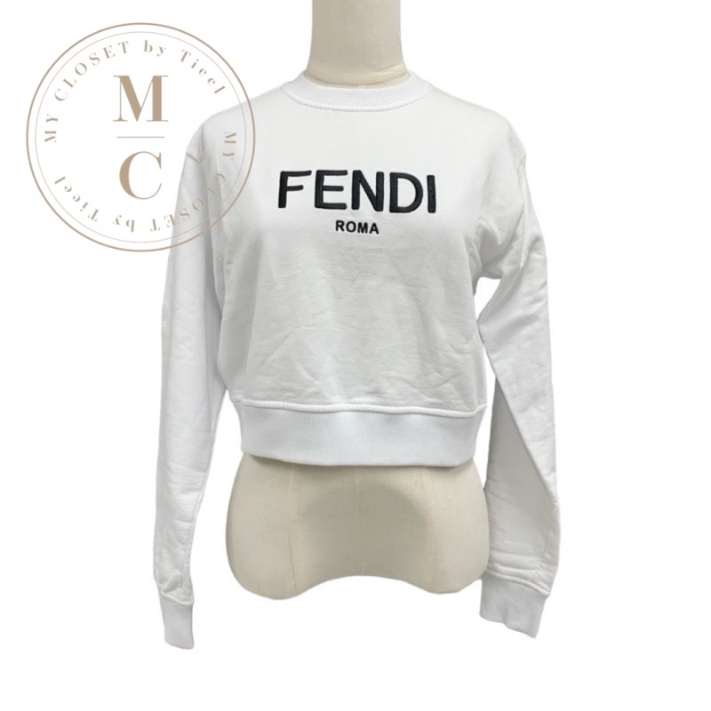 フェンディ FENDI トップス コットン ホワイト ブラック ロゴ 長袖 トレーナー クロップド 裏起毛 スウェット