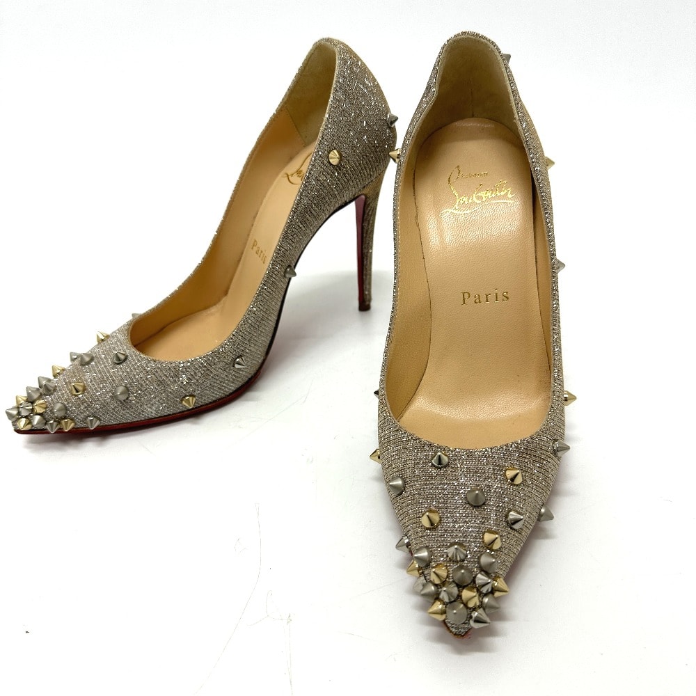 クリスチャンルブタン Christian Louboutin ラメ スタッズ ヒール パンプス キャンバス シルバー