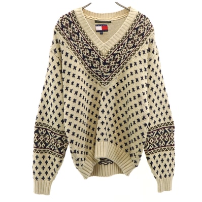 TOMMY HILFIGER トミーヒルフィガー 90s オールド 総柄 長袖 セーター M ベージュ ニット