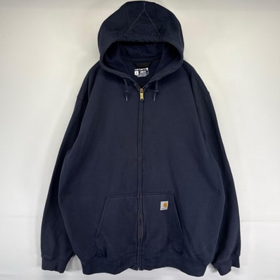 古着 カーハート Carhartt パーカー フルジップ スウェット ワンポイントロゴ ルーズフィット 大きいサイズ XL ネイビー メンズ
