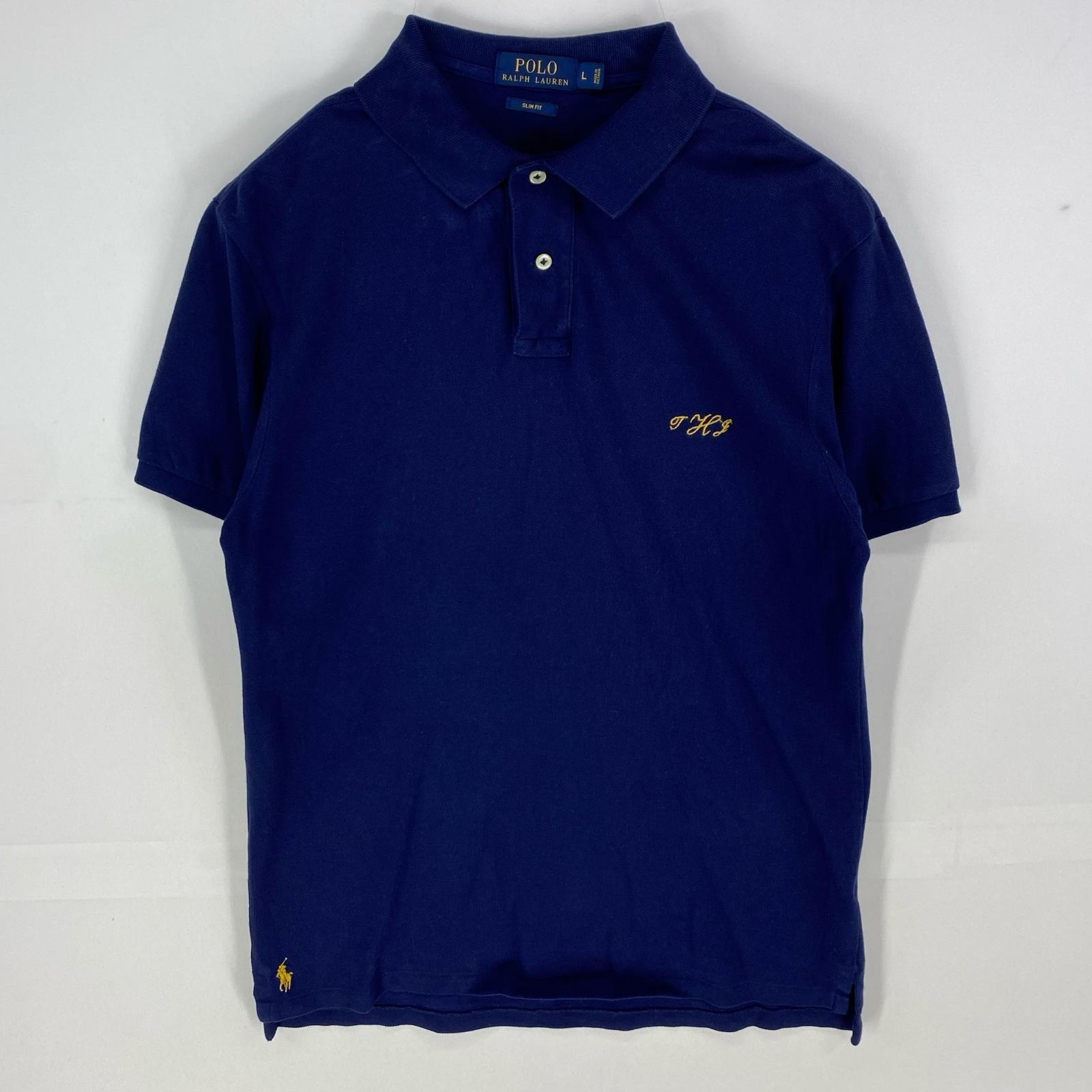 古着 ポロ・ラルフローレン POLO RALPH LAUREN 鹿の子 半袖シャツ 刺繍ロゴ ワンポイント ポロシャツ L  ネイビー系 メンズ