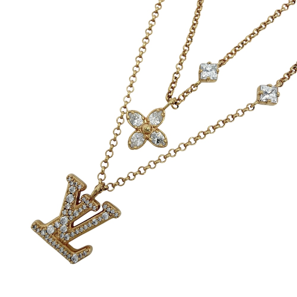 LOUIS VUITTON ルイヴィトン ネックレス レディLV アクセサリー 2連チェーン アジャスター付き メタル  ラインストーン   M01845 ゴールド レディース 約12.5g【中古品】
