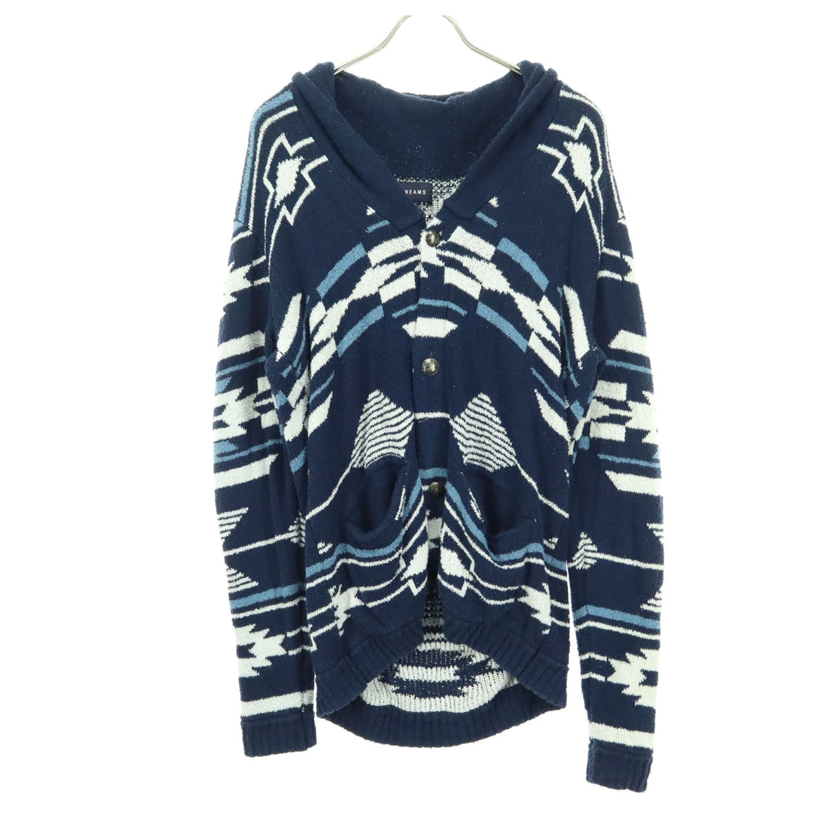 BEAMS ビームス ネイティブ柄 長袖 メタルボタン カーディガン M ブルー