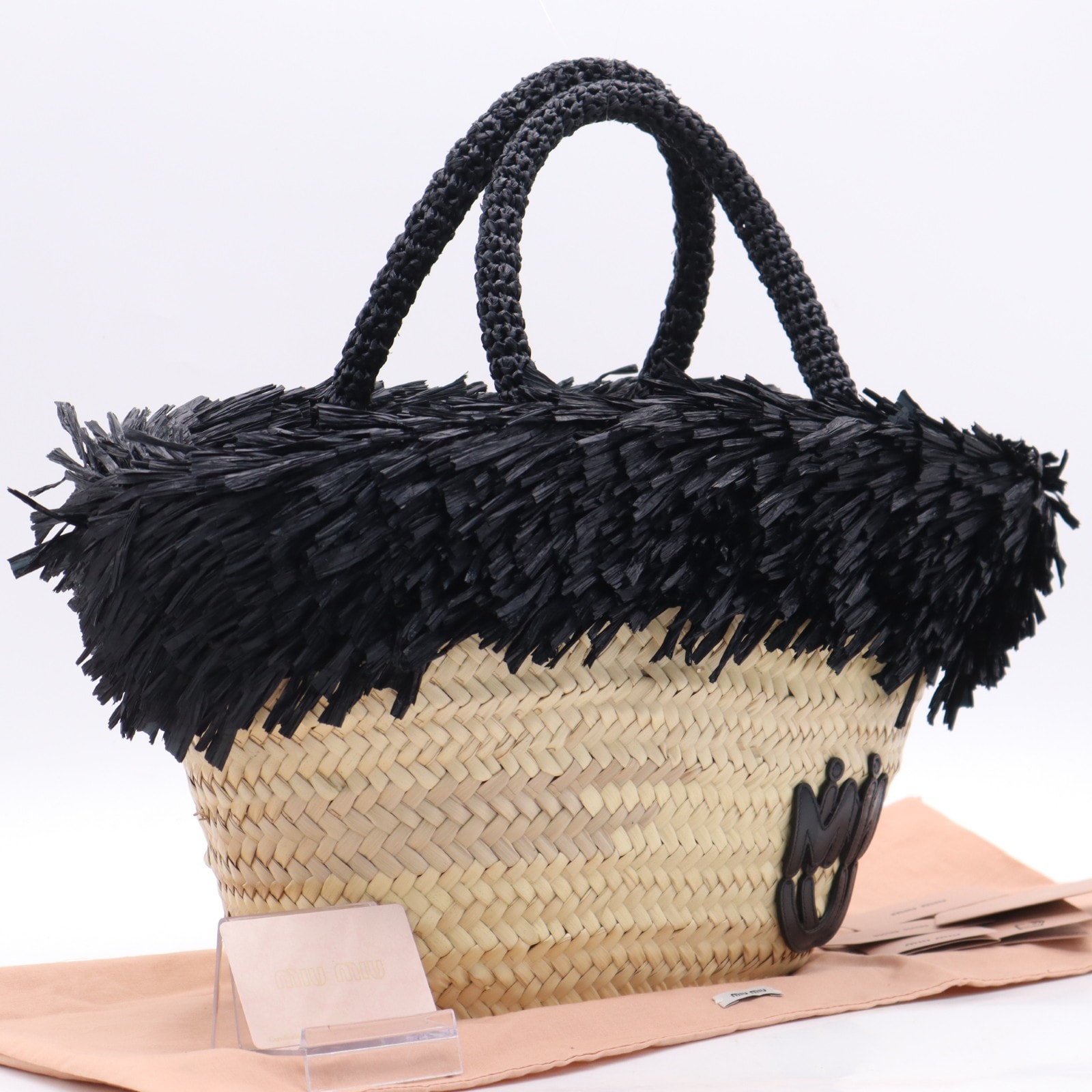 美品 Miu Miu ミュウ ミュウ ストロー ロゴ ハンドバッグ 5BG209 ハンドバッグ ブラック レザー ストロー レディース